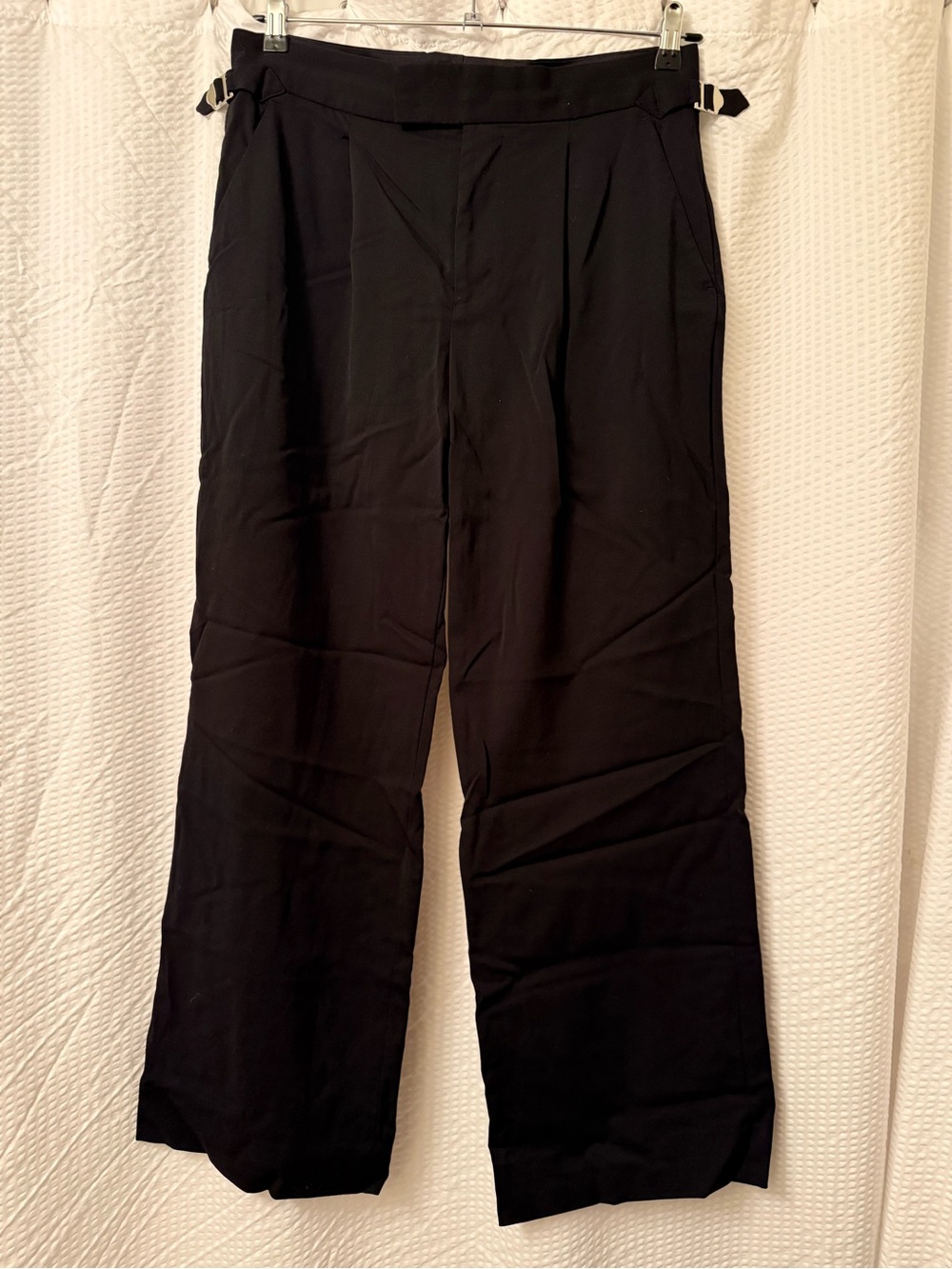 Everlane Straight wide Leg trousers Sz 8 Black Wool Blend Adjustable Waist